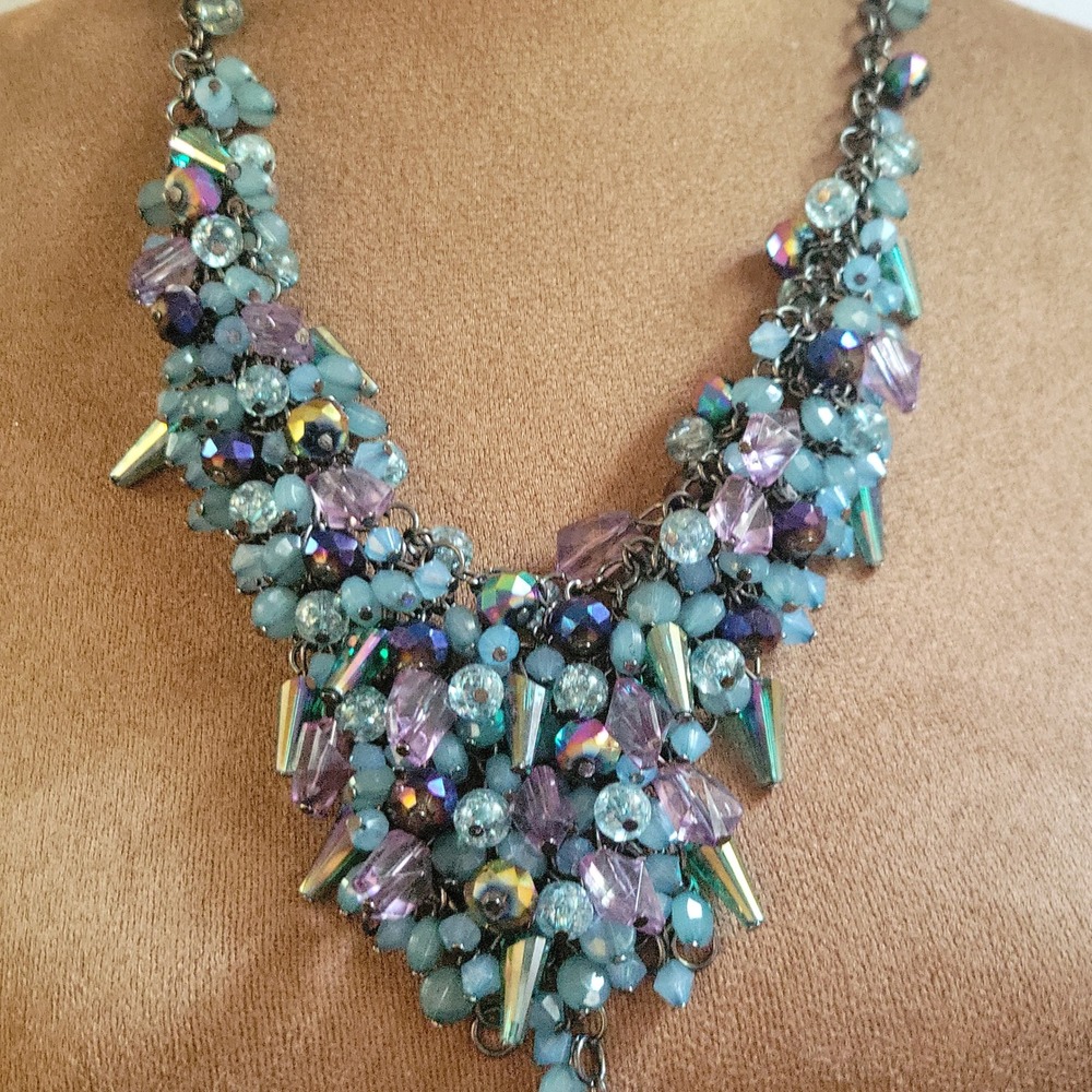 Steve Madden Blue Purple Beaded Bib Statement Necklace Adjustable Boho Chic